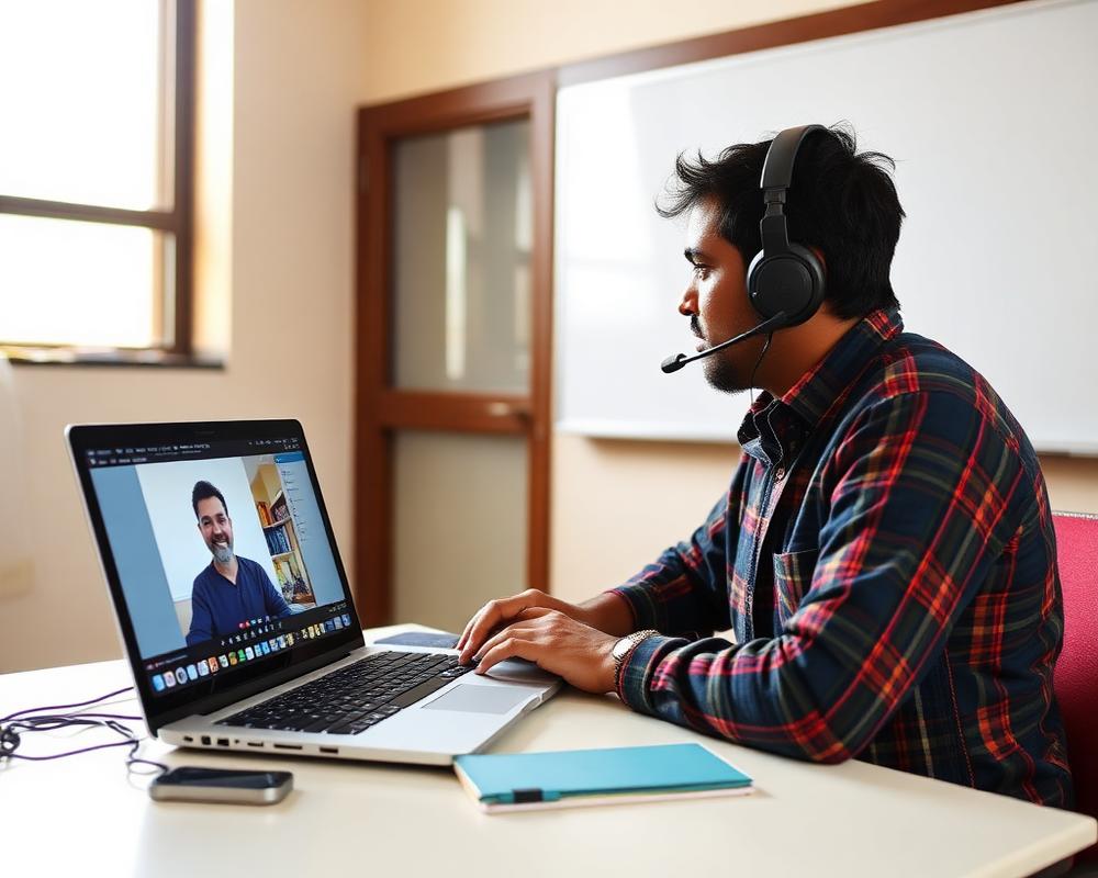 A DeepShree teacher in Nepal teaching a live online class from a small classroom with a whiteboard