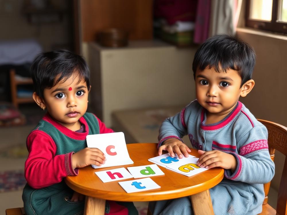 Two young children learning letter sounds with colourful alphabet cards at a small table