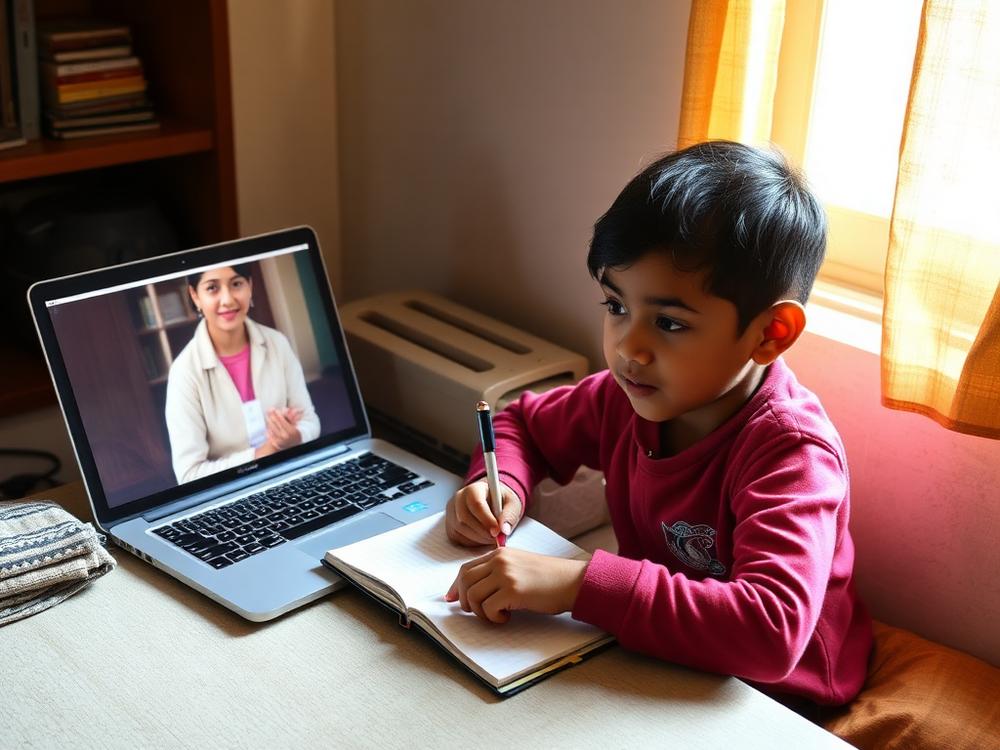 A primary-school child writing in an exercise book beside a laptop showing their teacher