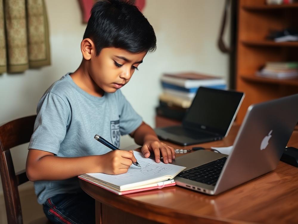 An older primary student working through maths problems in a notebook next to a laptop